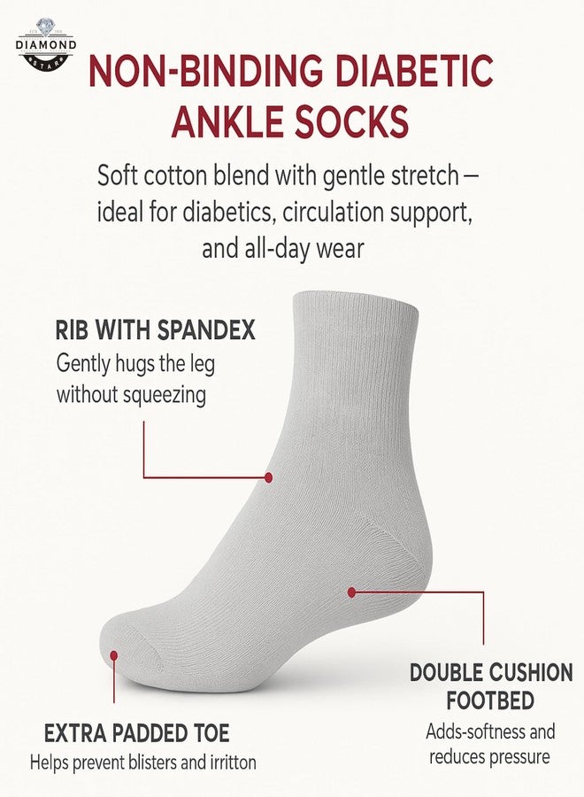 Diamond Star Diabetic Ankle Socks, Non-Binding Circulatory Doctor Approved Cushion Cotton Quarter Socks for Men’s Women’s 13-15 Shoe Size 9-14 (12 Pack White, Big & Tall Men's) - Image 2